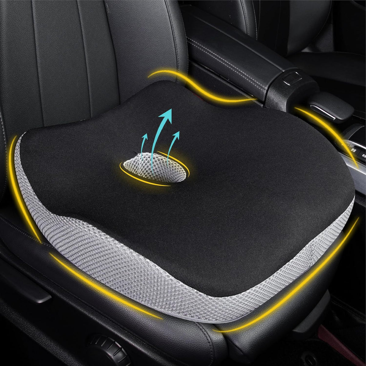 Car Seat Cushion, Ergonomic Memory Foam Car Cushion for Sciatica Pain Relief, Larger Driving Seat Pillow for Short Drivers on Long Drives - Butt Pillow for Truck, Office, Wheelchair - Black&Gray