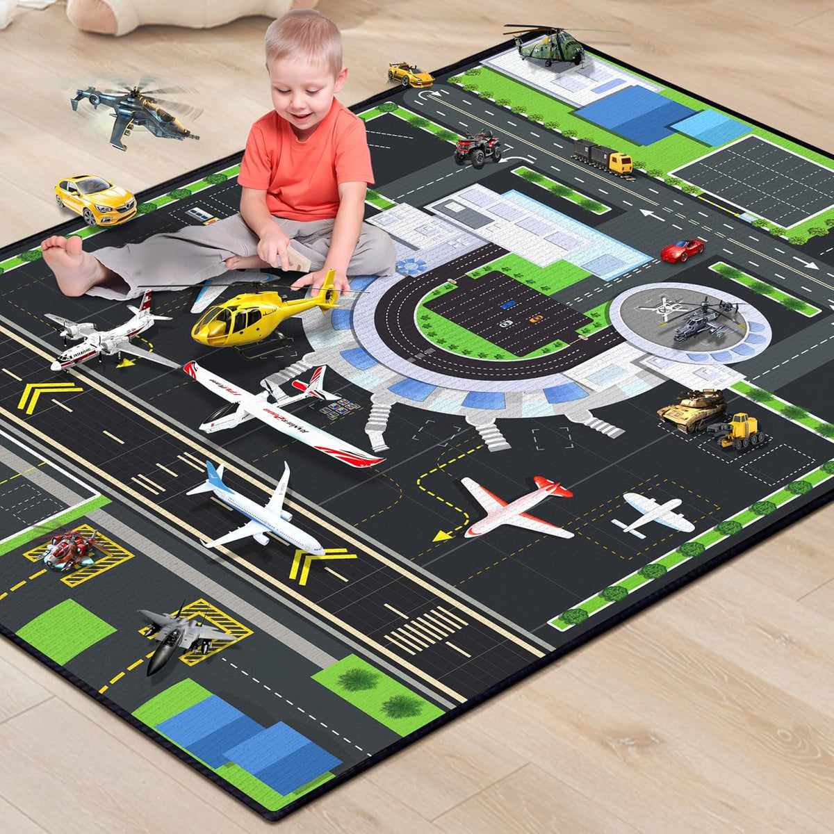 Playmat for Boys Playroom 5'x 6'6" Airport Mat for Kids Bedroom Traffic System and Aircraft Runway Rug Carpet Non-Slip Washable Area Rug