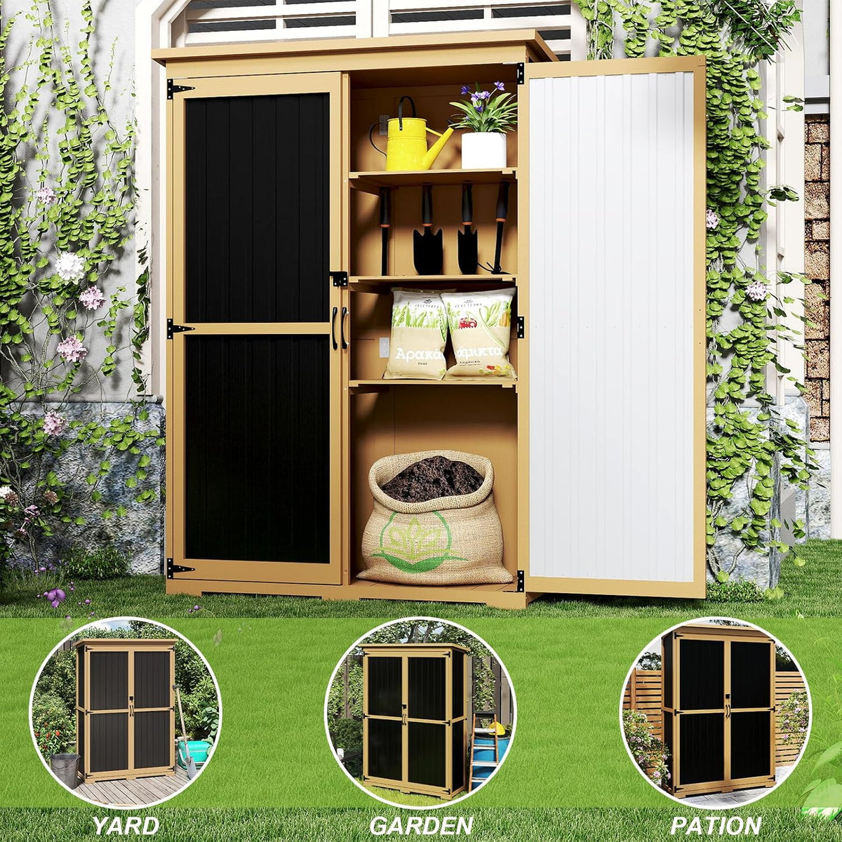 Outdoor Storage Shed with Shelf,Wood & Metal Storage Cabinet with Lockable Doors & Sloping Roof,Vertical Garden Shed for Patio Backyard,Tool Shed and Accessories, Brown