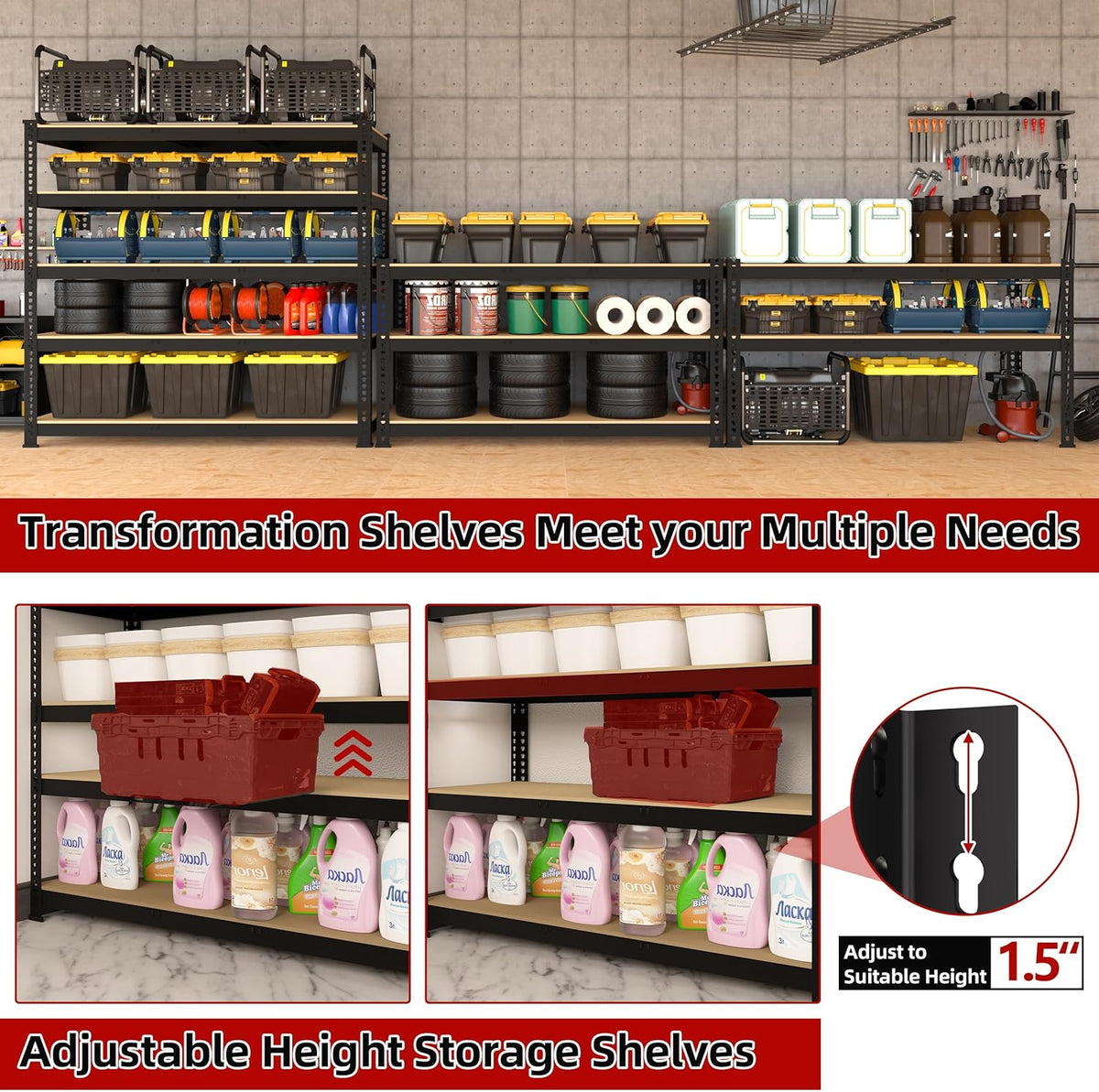 5-Shelf Heavy Duty Shelving - Adjustable Garage Storage Shelves, Metal Utility Storage Racks for Warehouse Pantry Basement Kitchen, Garage Organizers Shef Unit, Black, Packs of 3