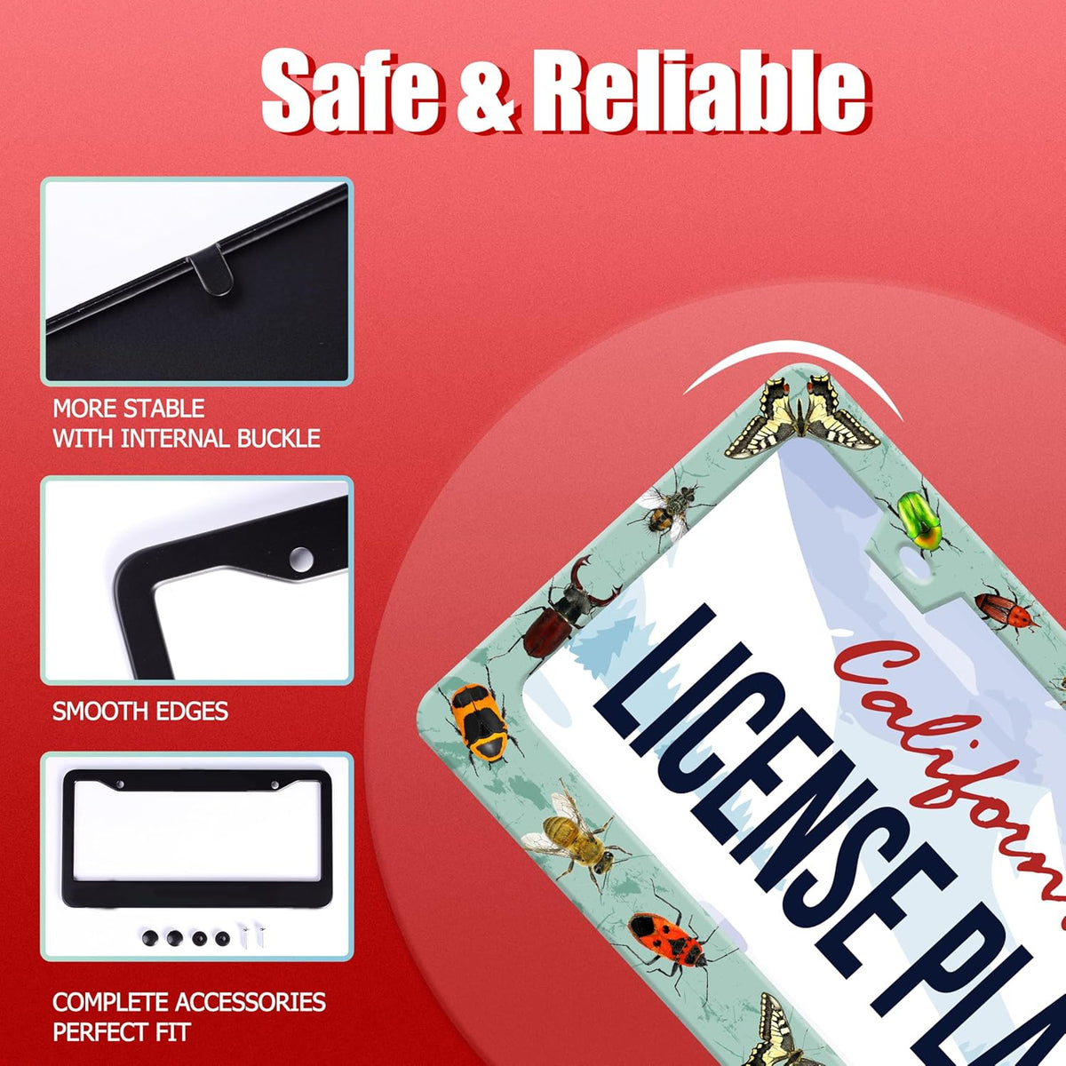 Personalized License Plate Frame Butterfly Moth Beetle Stainless Steel Accessory Animal License Plate Holder Funny Car Decorative 2 Holes Fits Us Standard License Plates 12.2 X 6.3 in for Men Women