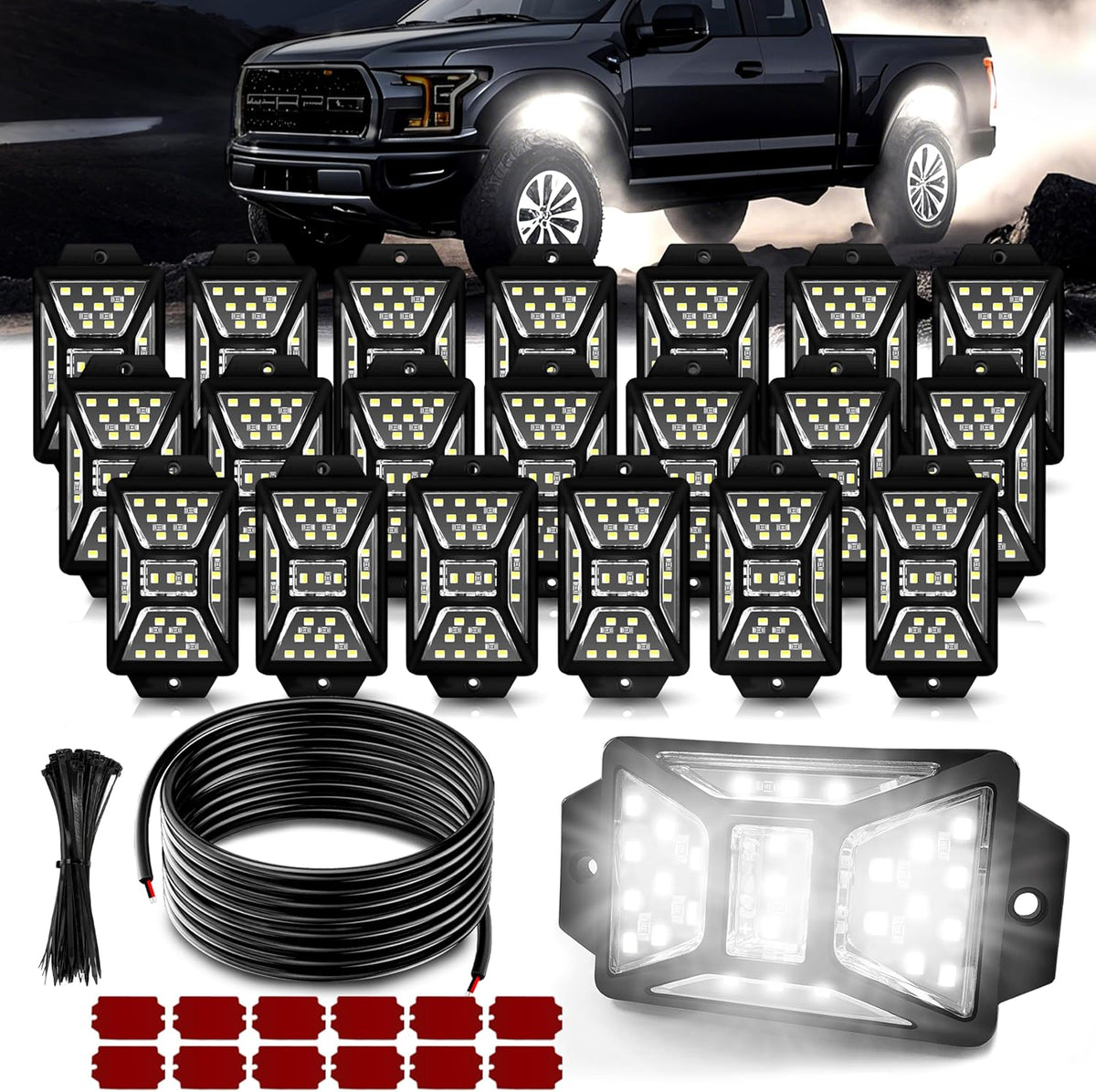 20 Pods 540 LEDs White Rock Lights with 11yd/10M Extension Wire, 6000K Super Bright Underglow Light, Waterproof IP67, 360° Full Angle Illuminate Rock Lights for Trucks Jeep UTV ATV SUV Boats