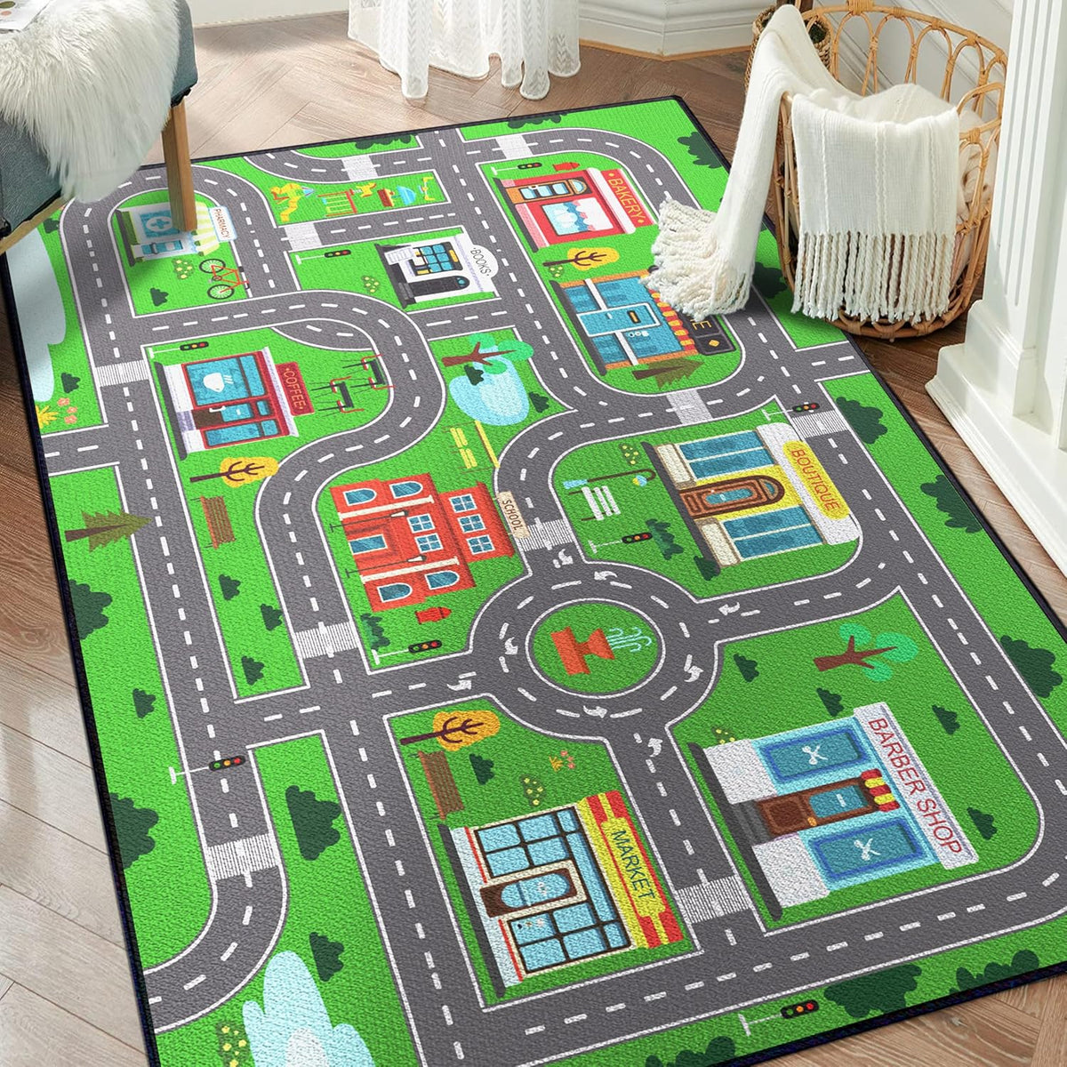 Kids Carpet Playmat Rug for Playroom 5'x 6'6" Toy Car Play Rugs for Bedroom Kids Toy Cars Carpet City Pretend Play Non-Slip Washable