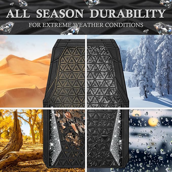CAR PASS Bling Diamond Car Mats Rubber Floor Mats Full Set Anti-Slip 3D Rhombus Waterproof Trim to Fit Liner Universal Glitter Crystal Sparkly Shining Rhinestone Girl Women SUV Sedan Van, Black Silver