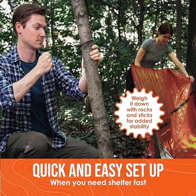 Go Time Gear Survival Life Tent • 2 Person Mylar Emergency Shelter Tube Tent + Paracord • All-Weather Protection for Camping, Hiking, & Survival Kits • Includes Emergency Whistle