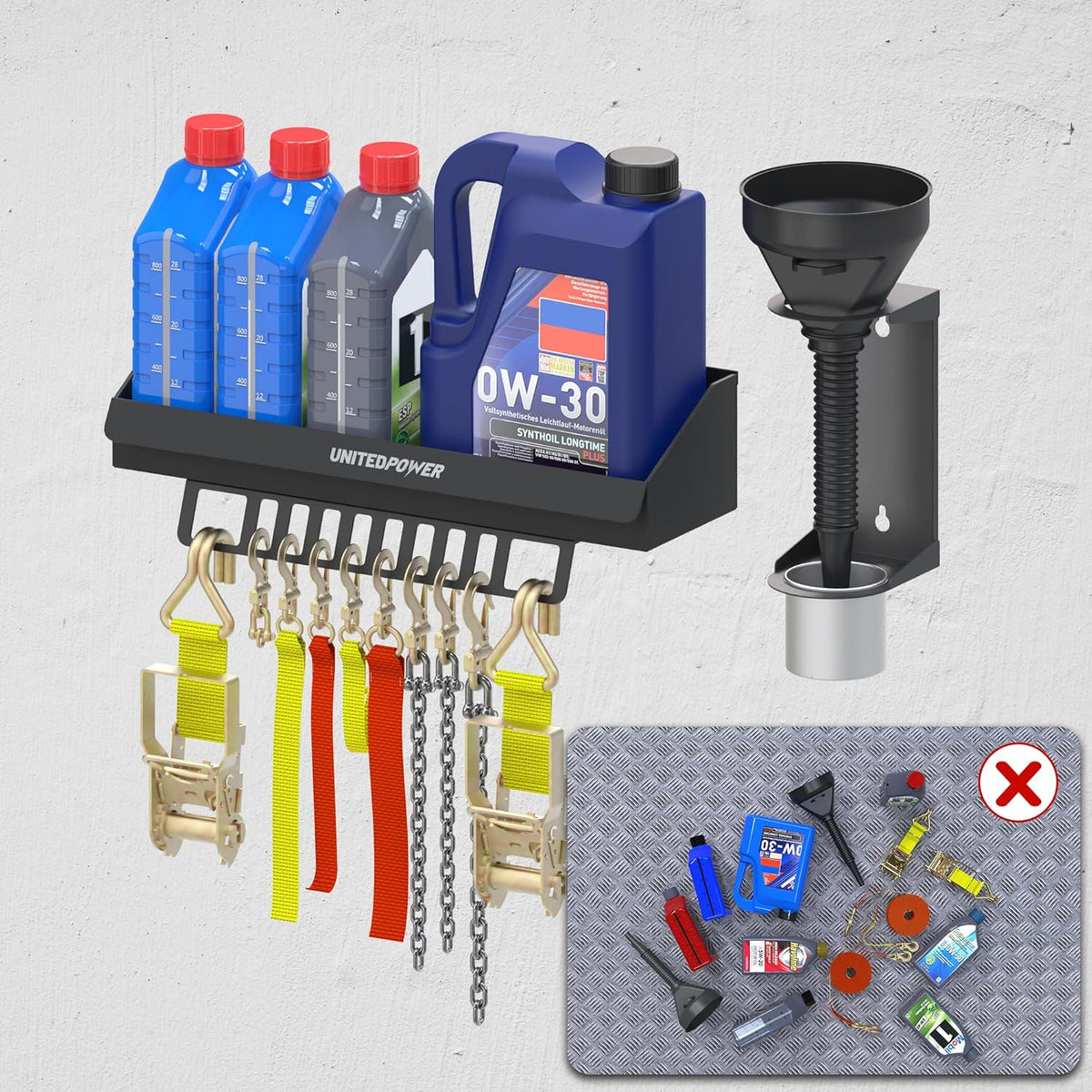 UNITEDPOWER 6 Quart Motor Oil Storage Rack, Bottle Shelf Mount Caddy With Funnel, Enclosed Race Trailer Shop Garage Organizer