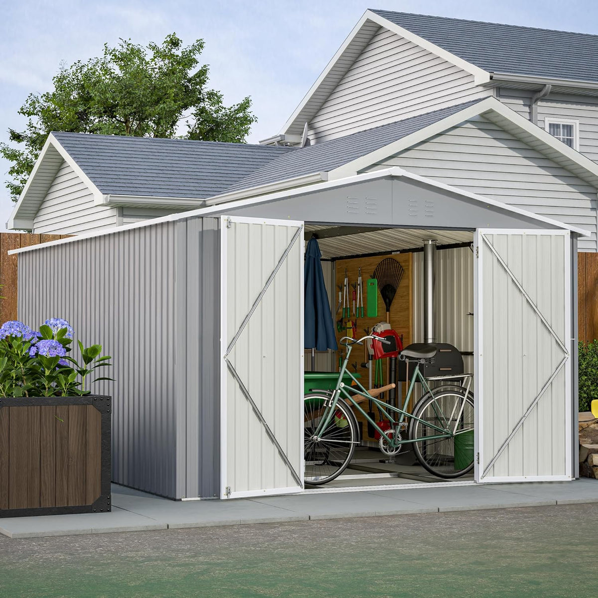 Large Outdoor Storage Shed, 10' X 12' Metal Galvanized Steel Garden Shed with 4 Vents, Utility Tool Shed Storage House for Backyard, Patio, Lawn