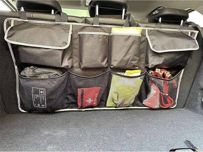 Car Back Seat Trunk Organizer Hanging Bag, Car Interior Organizer Accessories with 4 Pockets and 4 Mesh Pouches,Save More Storage Trunk Space for SUV,Jeep,MPV