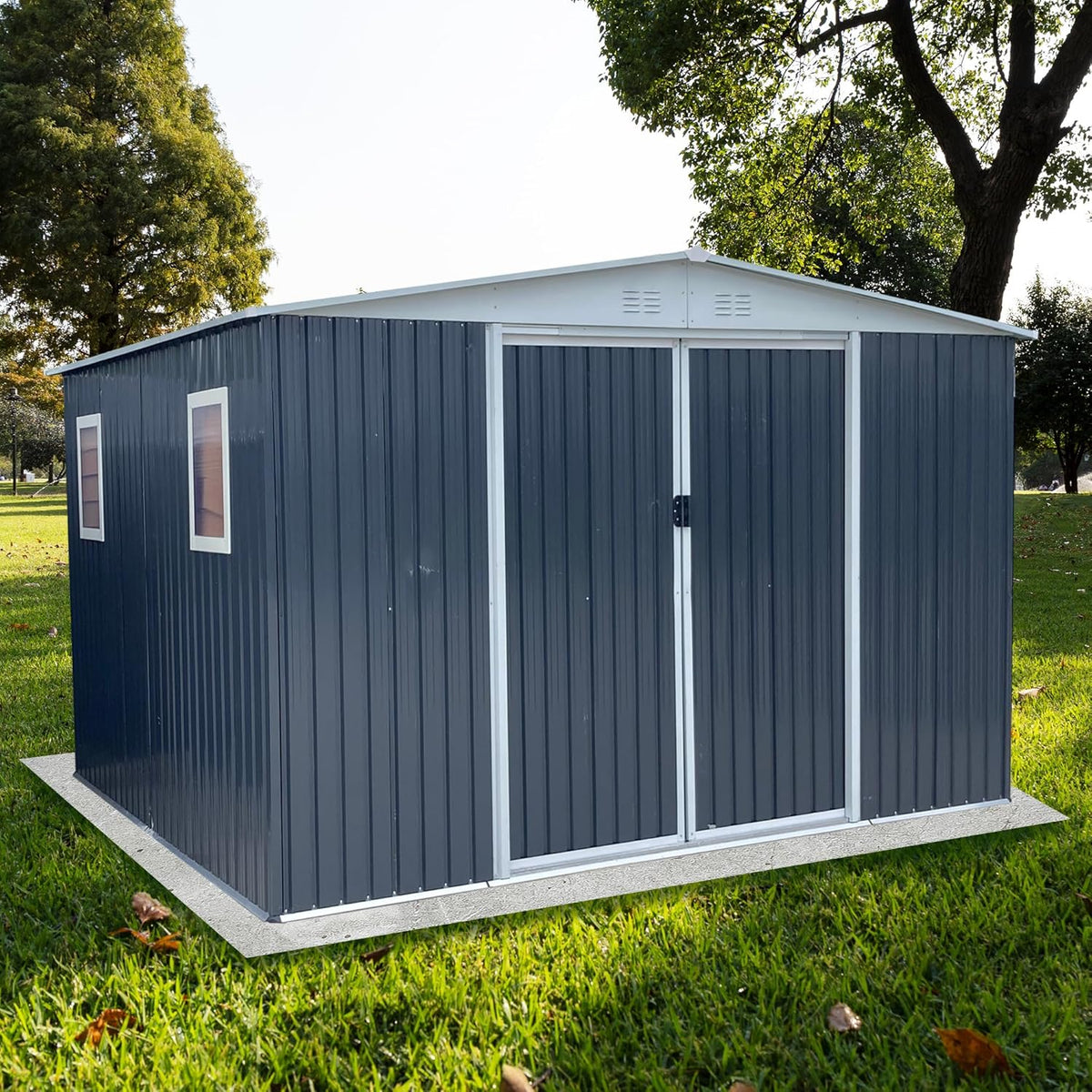 10x12 FT Outdoor Storage Shed, Large Metal Garden Shed with 4 Windows, Outside Tool Shed with Lockable Sliding Doors, Waterproof Storage Building with 4 Air Vents for Backyard, Patio, Lawn, Gray