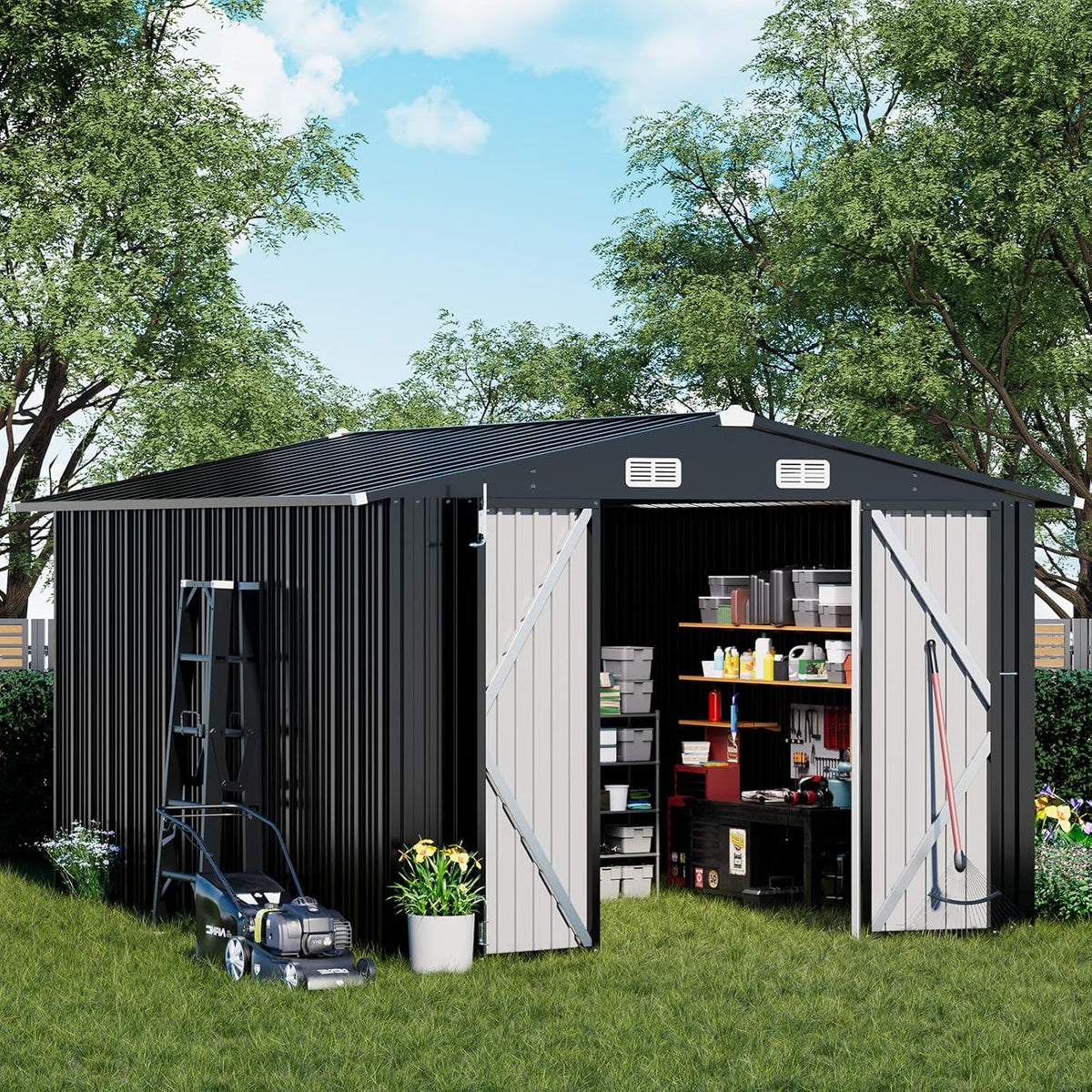 COMHOMA Shed Outdoor Storage Shed Metal,Lockable Doors Tool Sheds with Sloping Roof,Steel Garden Shed with Air Vent for Backyard,Patio,Lawn,Poolside (Grey, 10'*12')