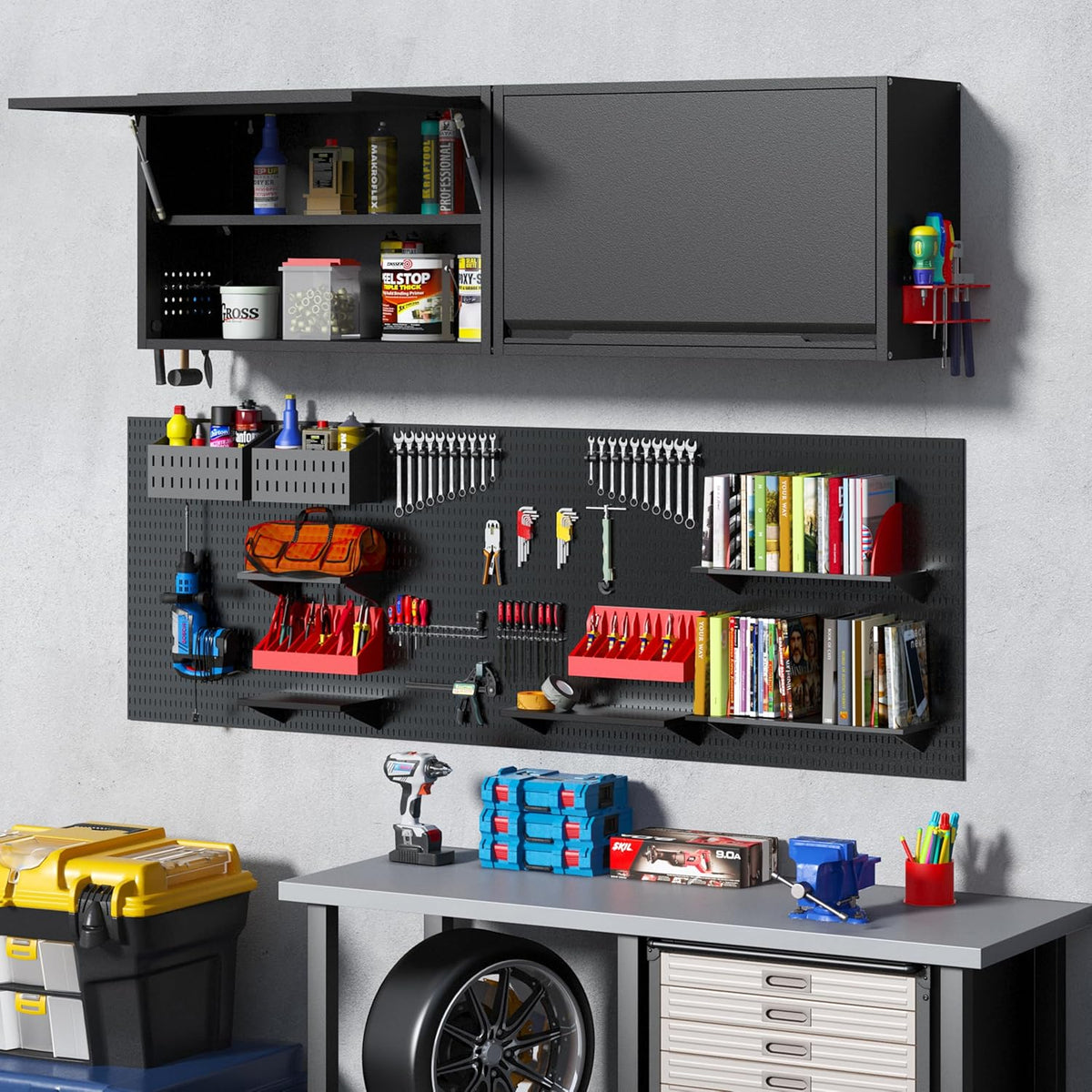 Metal Wall Cabinet with Up-flip Door,Metal Wall Storage Cabinet with Adjustable Shelf,Wall Mounted Tool Cabinets with Pegboard for Garage,Basement,Home Office, Kitchen,Warehouse-Black