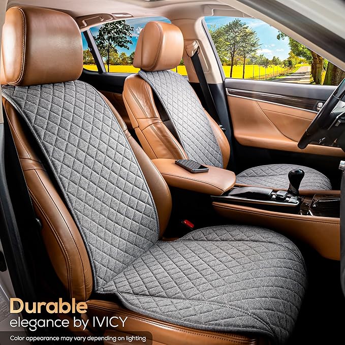 IVICY Faux Linen Front Car Seat Cover – Durable, Non-Slip Seat Protector for Cars – 1 Unit, Cool Gray