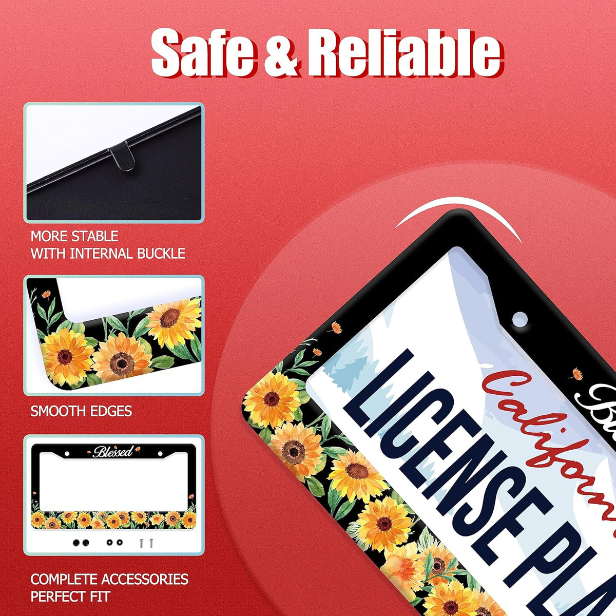 Watercolor Sunflower License Plate Beautiful Floral License Plate Stainless Steel Auto Parts Funny License Plate Decorative with Screws Size 12.3" x 6.3" for Women Men