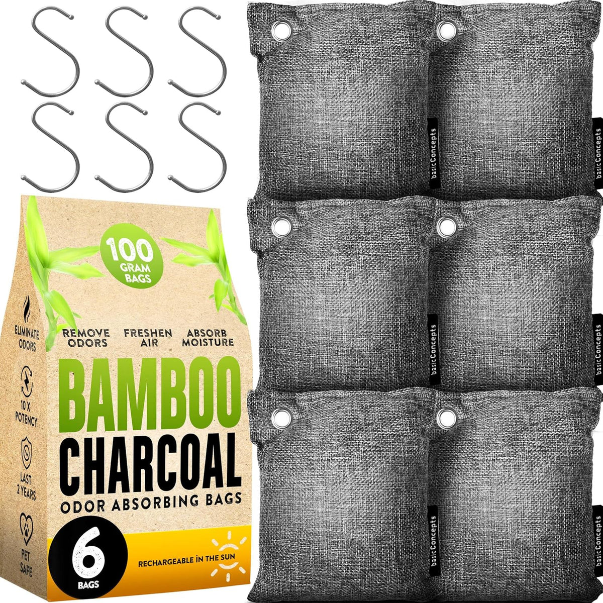 Charcoal Odor Absorber for Strong Odor (6 Pack, 100g each), Bamboo Charcoal Air Purifying Bag, Basement Musty Odor Eliminator Deodorizer, Activated Charcoal Odor Absorber for Closet, Shoe, Car