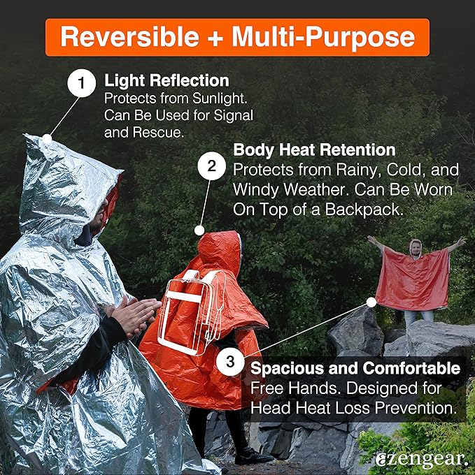 aZengear Emergency Survival Poncho (4pc) Thermal Mylar Foil Blanket for Heat Retention and Rain | Reversible with Hood | Waterproof, Windproof, Portable, Hands-Free, Outdoor Kit (Orange)