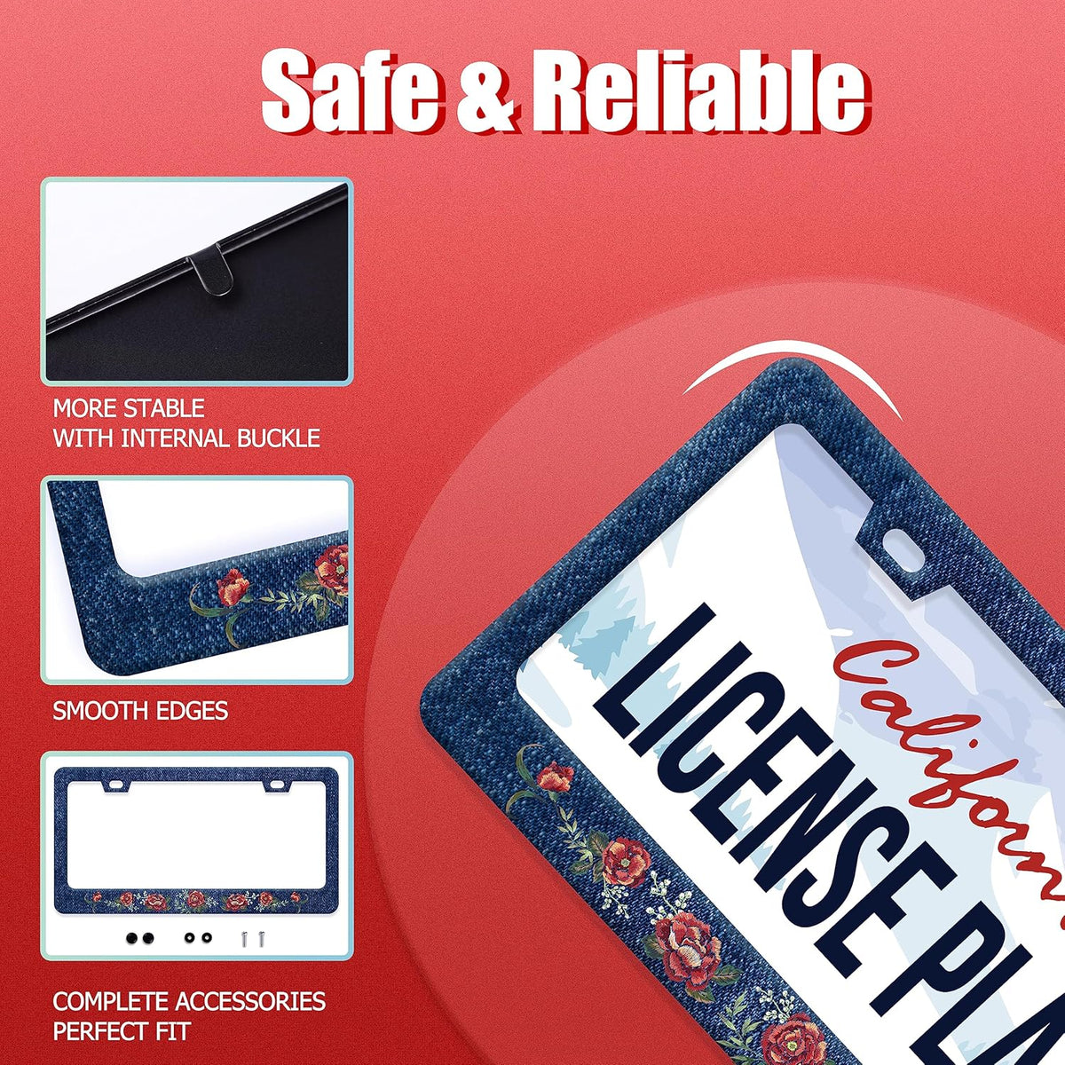 Flower Blue Jean Design License Plate Frame Personalized License Plate Stainless Steel Parts Funny License Plate Decorative with Screws Size 12.3" x 6.3" Men Women